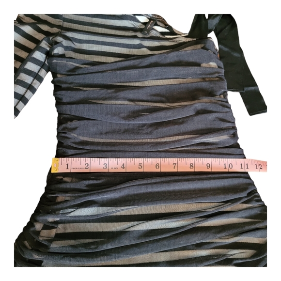 BCBGMaxAzria Dress Bodycon One-Shoulder Dress Black White Stripe Mesh Overlay XS - Picture 13 of 16
